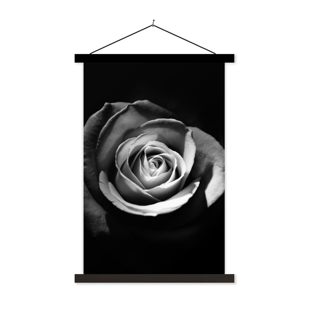 MuchoWow Textilposter Blumen - Schwarz - Rose - Weiß - Botanisch 60x90 cm mit schwarzem Rahmen - Poster Wohnzimmer