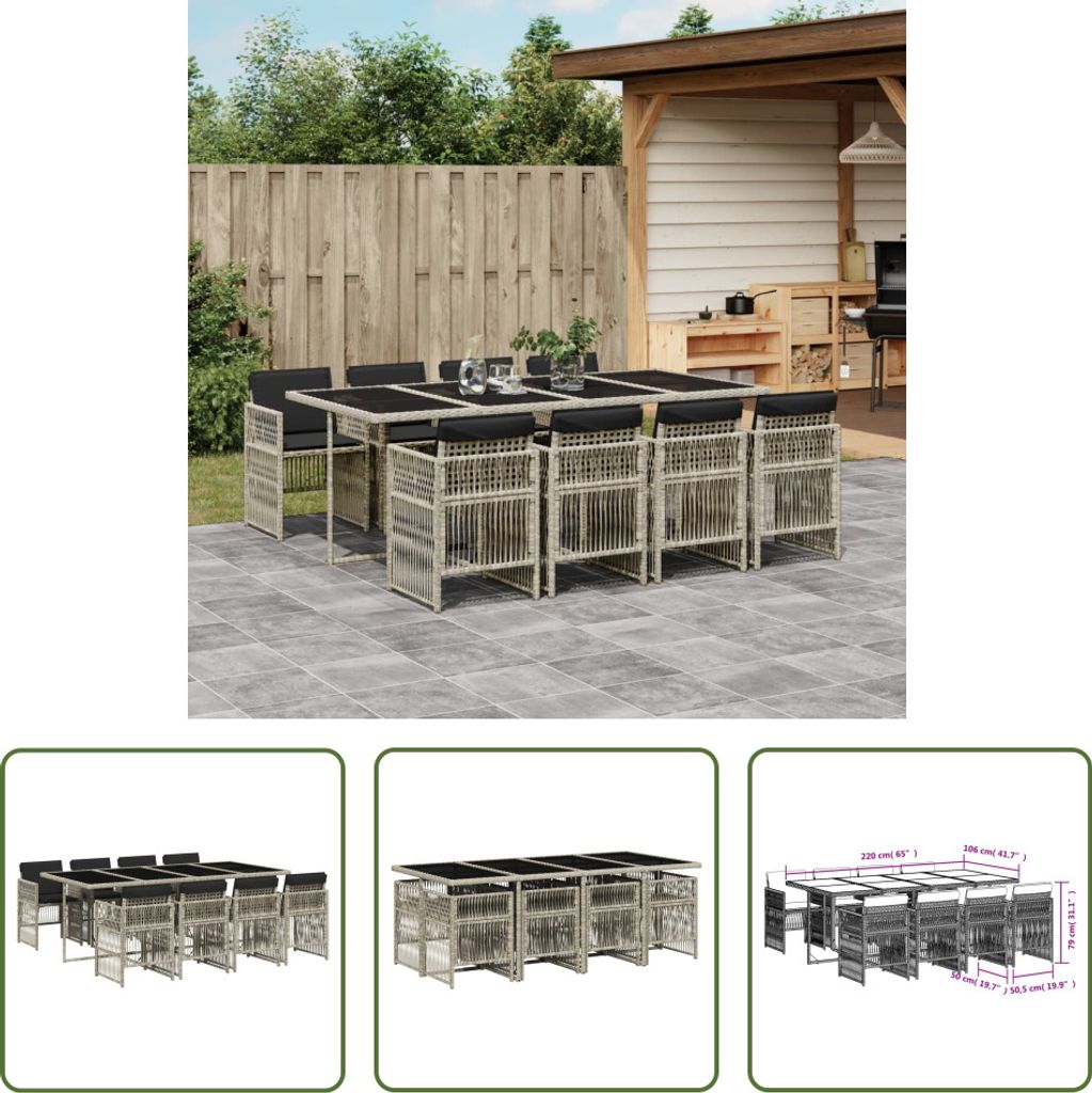 The Living Store 9-tlg. Garten-Essgruppe mit Kissen Hellgrau Poly Rattan