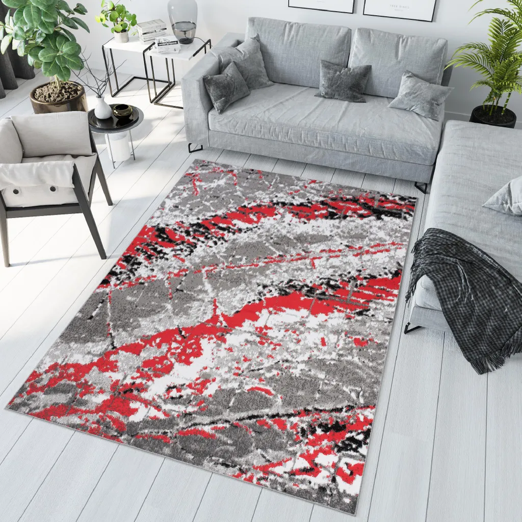 Tapis Graphique MAYA Moderne Rouge et Gris de Qualité en 80 x 150 cm