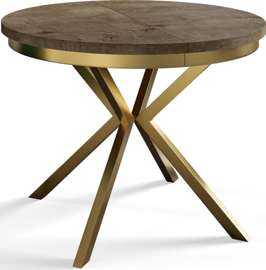 Runder Esszimmertisch BERG, ausziehbarer Tisch Durchmesser: 120 cm/200 cm, Wohnzimmertisch Farbe: Grau, mit Metallbeinen in Farbe Gold