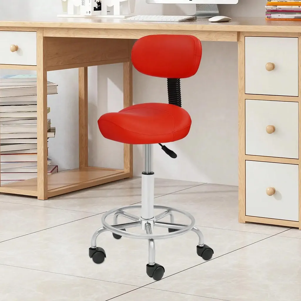 Tabouret de salon réglable avec roulettes et dossier ergonomique rouge - 2