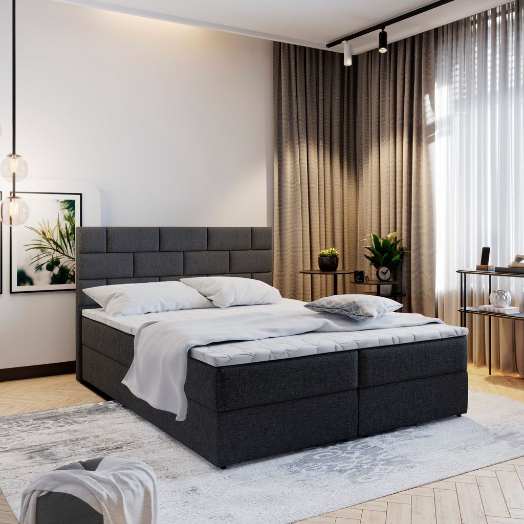 Masseno Boxspringbett KERLO 140x200 cm Komplett-Set mit Bonell Matratze und Topper, Polsterbett mit Bettkästen -Schwarz, INARI 100