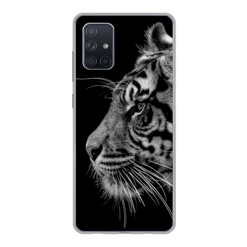 MuchoWow Handyhülle Schutzhülle Hülle für Samsung Galaxy A51 Tiger auf schwarzem Hintergrund in schwarz und weiß Silikon Softcase Handy Hül...