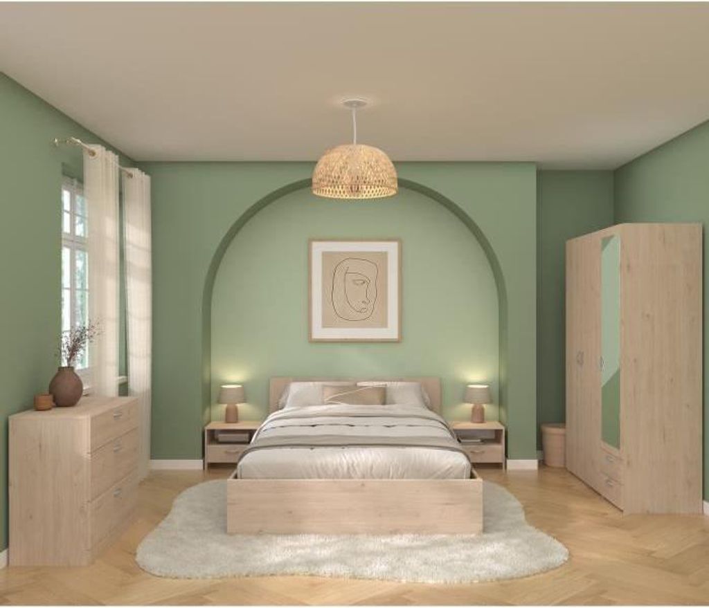 Komplettes Schlafzimmer - VARIA - Eiche - 140 cm Bett, 2 Nachttische, 1 Kommode, 1 3-türiger Kleiderschrank mit Spiegel - PARISOT