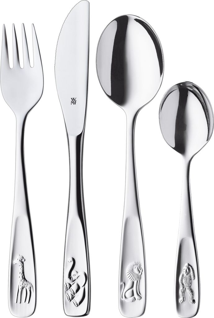 A set of four stainless steel children's cutlery pieces, each decorated with an animal motif on the handle.