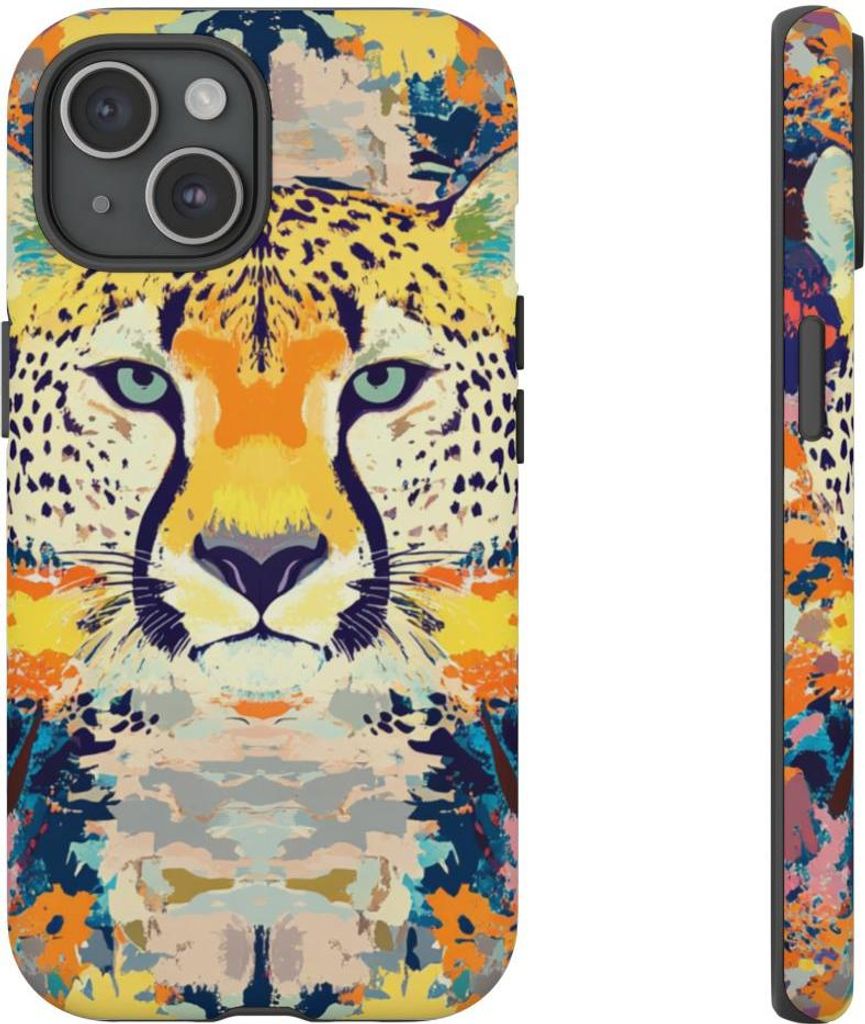 Abstraktes Gepardengesicht mit farbenfrohem Muster – Hülle Kompatibel mit iPhone 15