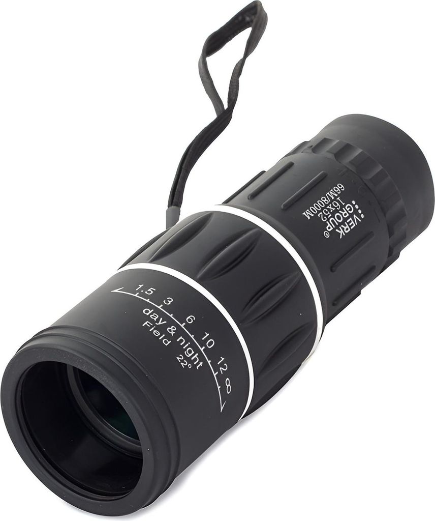 A black monocular telescope is shown against a black background.