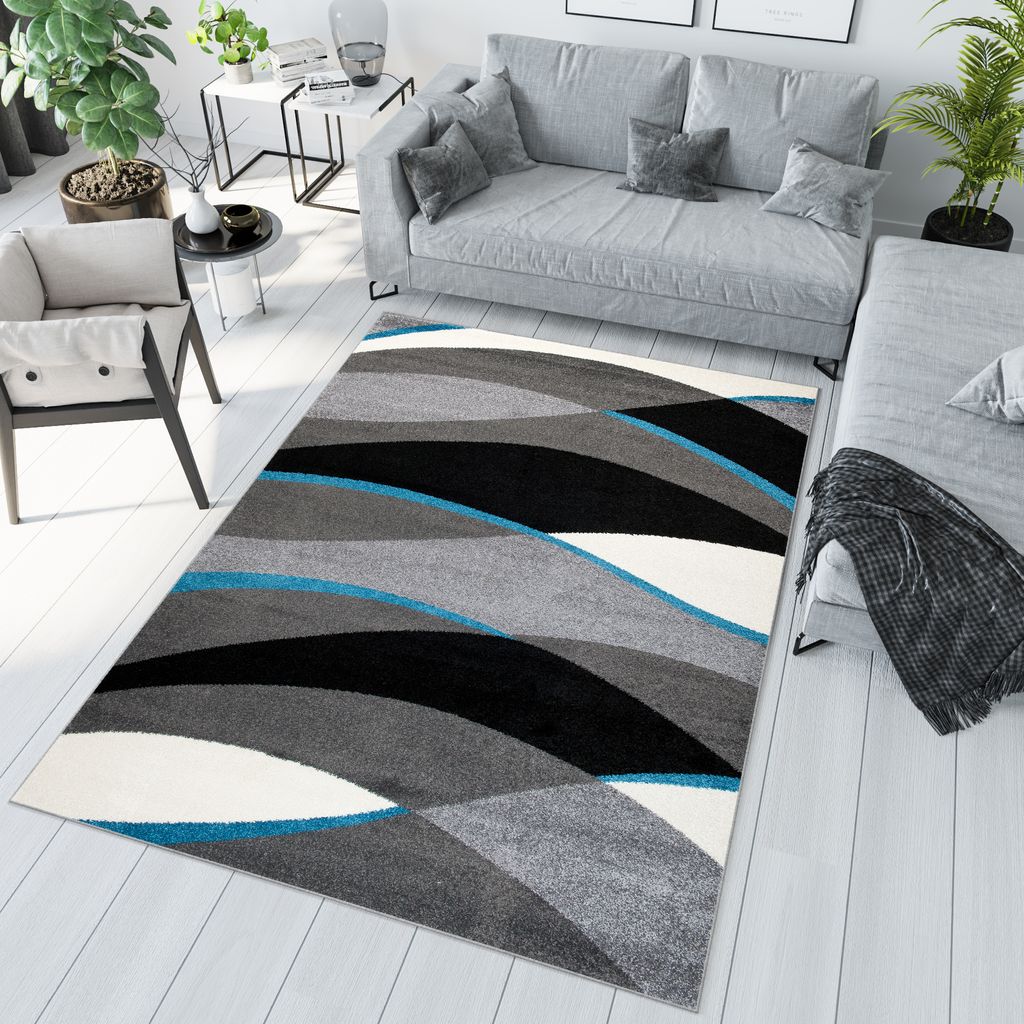 Teppich Wohnzimmer Schlafzimmer Kurzflor Modern Design Grau Blau Meliert 200 x 290 cm