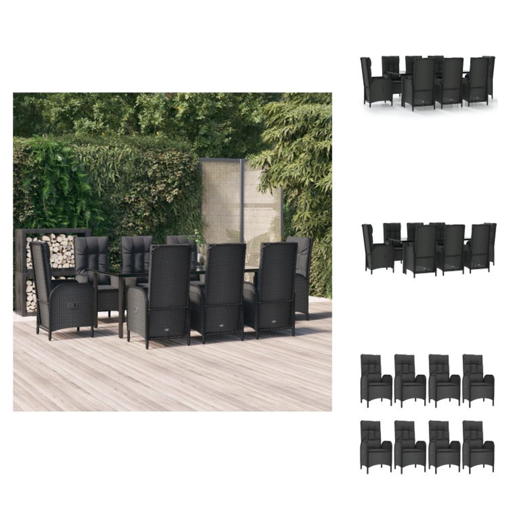 vidaXL 9-tlg. Garten-Essgruppe mit Kissen Schwarz Poly Rattan - Gartenmöbel-Sets