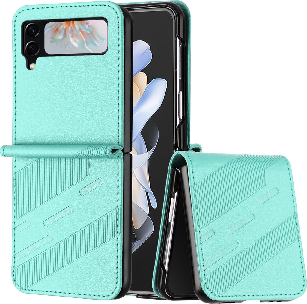 Hülle für Samsung Galaxy Z Flip 4, Kunstleder Brieftaschen Handyhülle mit Kartenfach und Standfunktion Türkis