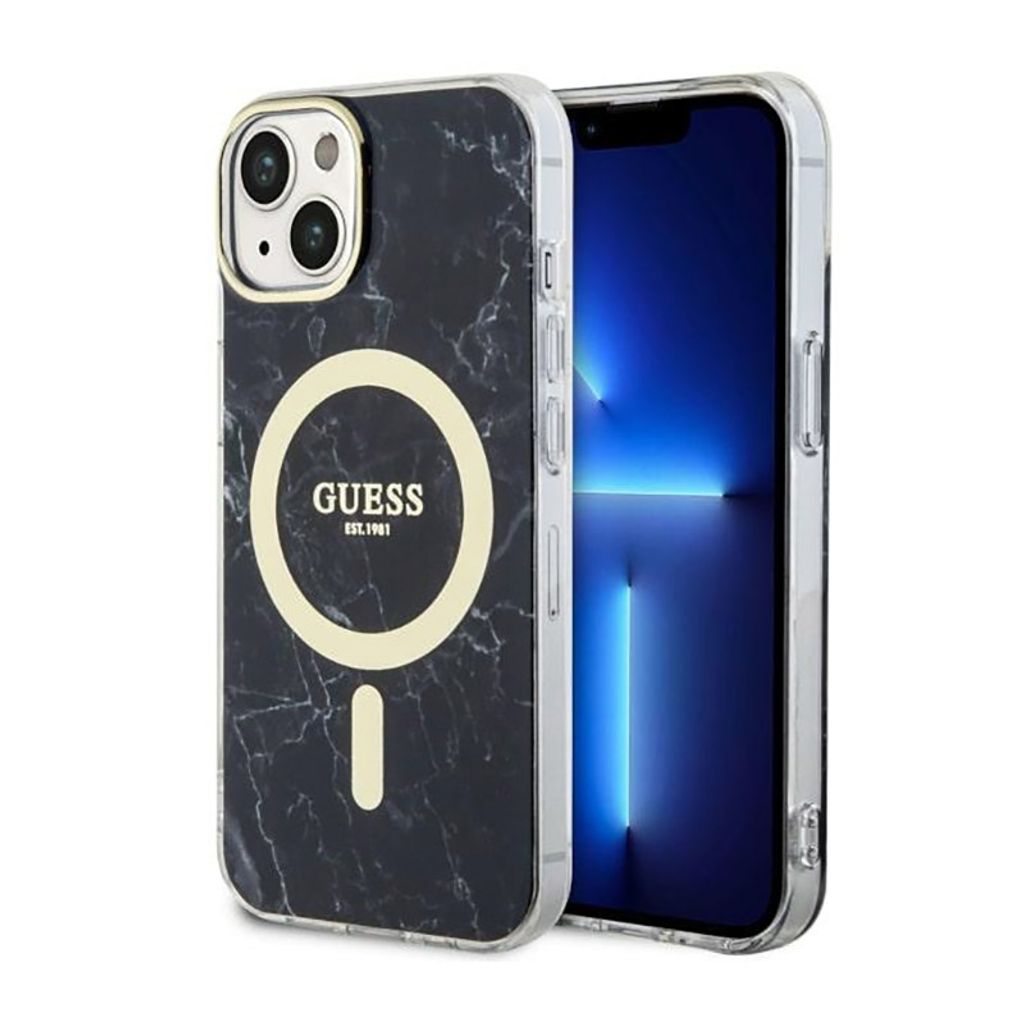A black marble patterned iPhone 14 case with a gold Guess logo and MagSafe ring is shown next to an iPhone 14.