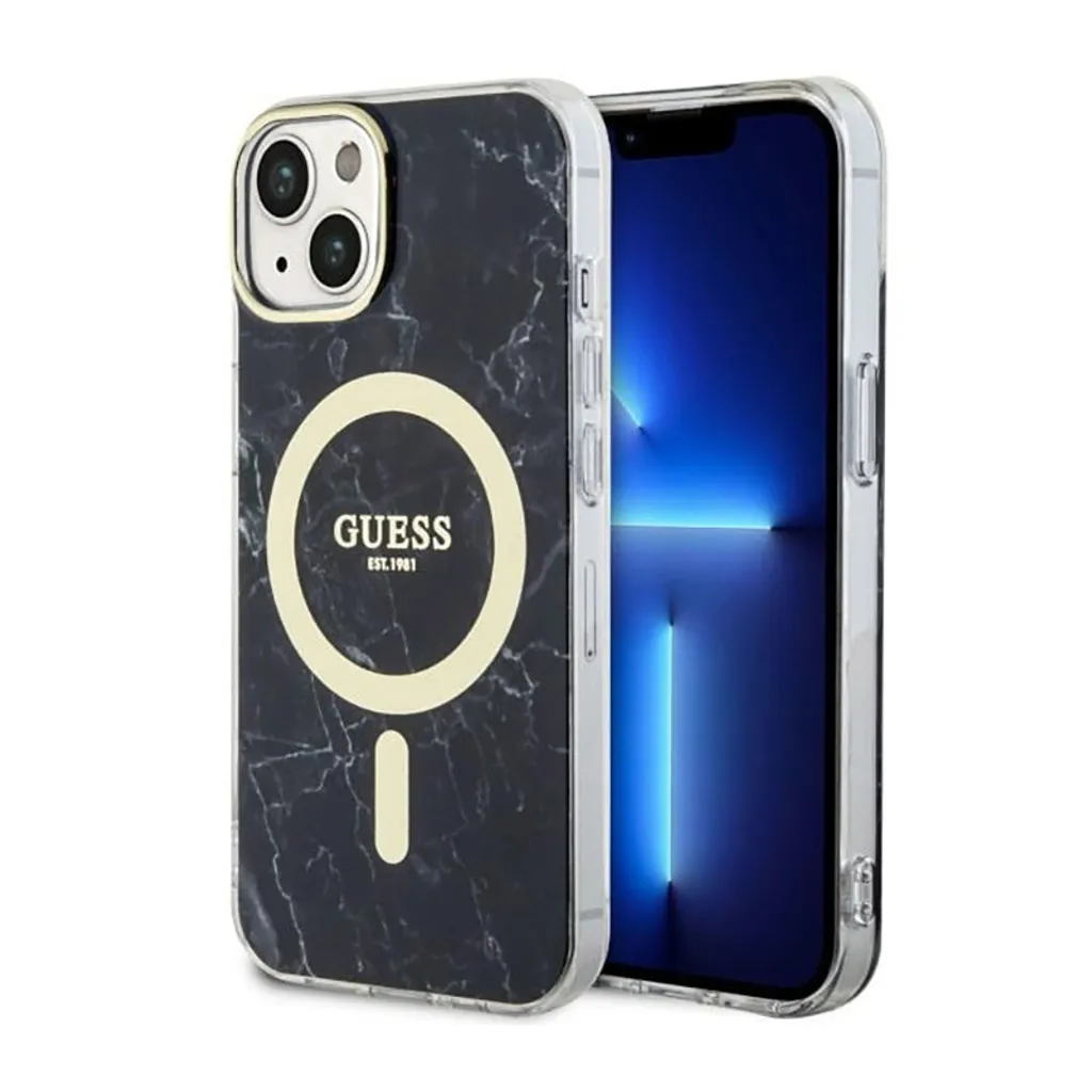 Guess Marble Case iPhone 14 15 MagSafe Cover Marmo Nero Gold