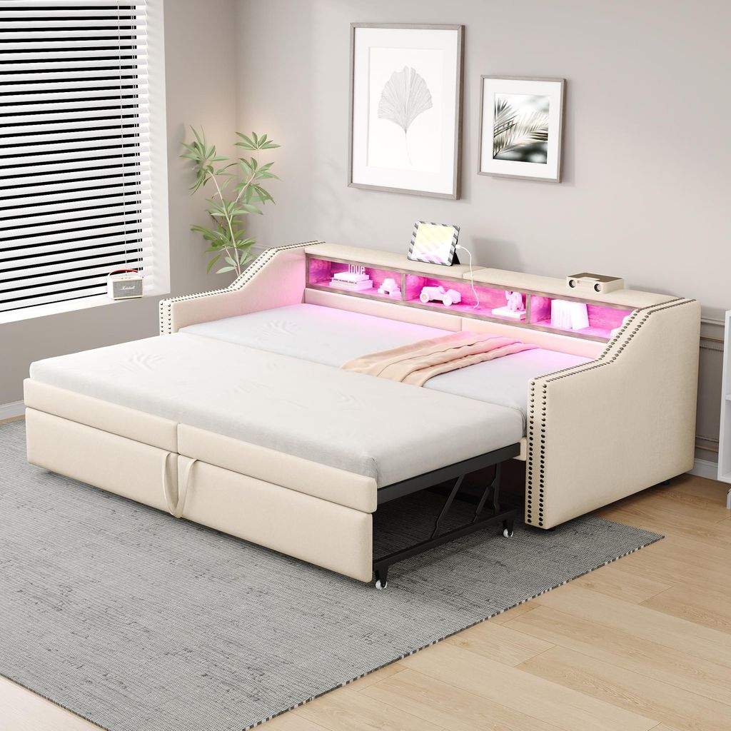 Merax Polsterbett Tagesbett Ausziehbar 90/180x200cm mit Ablagefächern, Schlafsofa Einzelbett mit LED und USB, Lattenrost, Leinen, Gästezimmer, Weiß