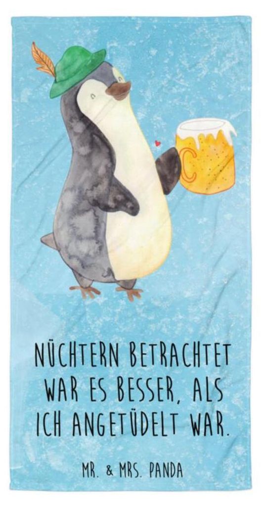 Mr. & Mrs. Panda Handtuch Pinguin Bier - Eisblau - Geschenk, Duschtuch, Beschwippst, Strandtuch, Angetüdelt, Duschhandtuch, Großes Badehandtuch, ...