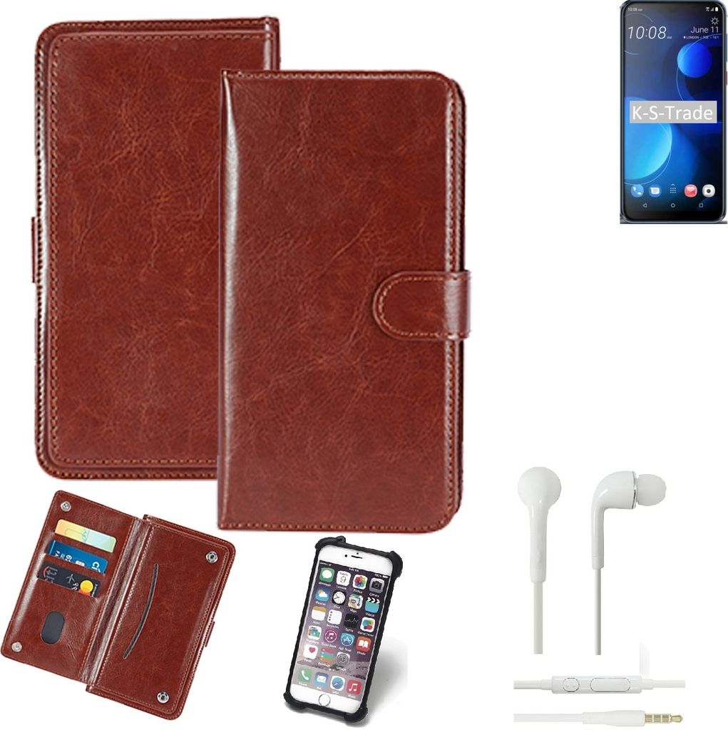 K-S-Trade 360° Hülle kompatibel mit HTC Desire 19 Plus inkl. Headphones braun Kunstleder Case BookCase WalletCase Kunstlederederhülle Handyhülle,