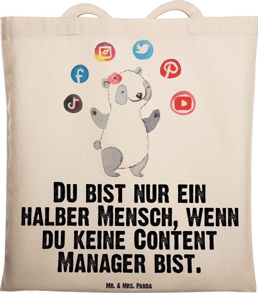 Mr. & Mrs. Panda Schultasche Content Manager Herz - Transparent - Geschenk, Shopping Tasche, Tote Bag, Beutel, Stoffbeutel, Laptoptasche