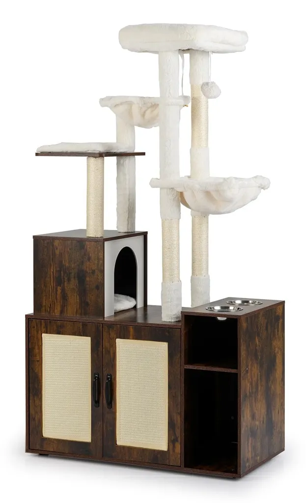 Arbre à chat anti-odeur avec meuble litière fermé et zones de repos XXL