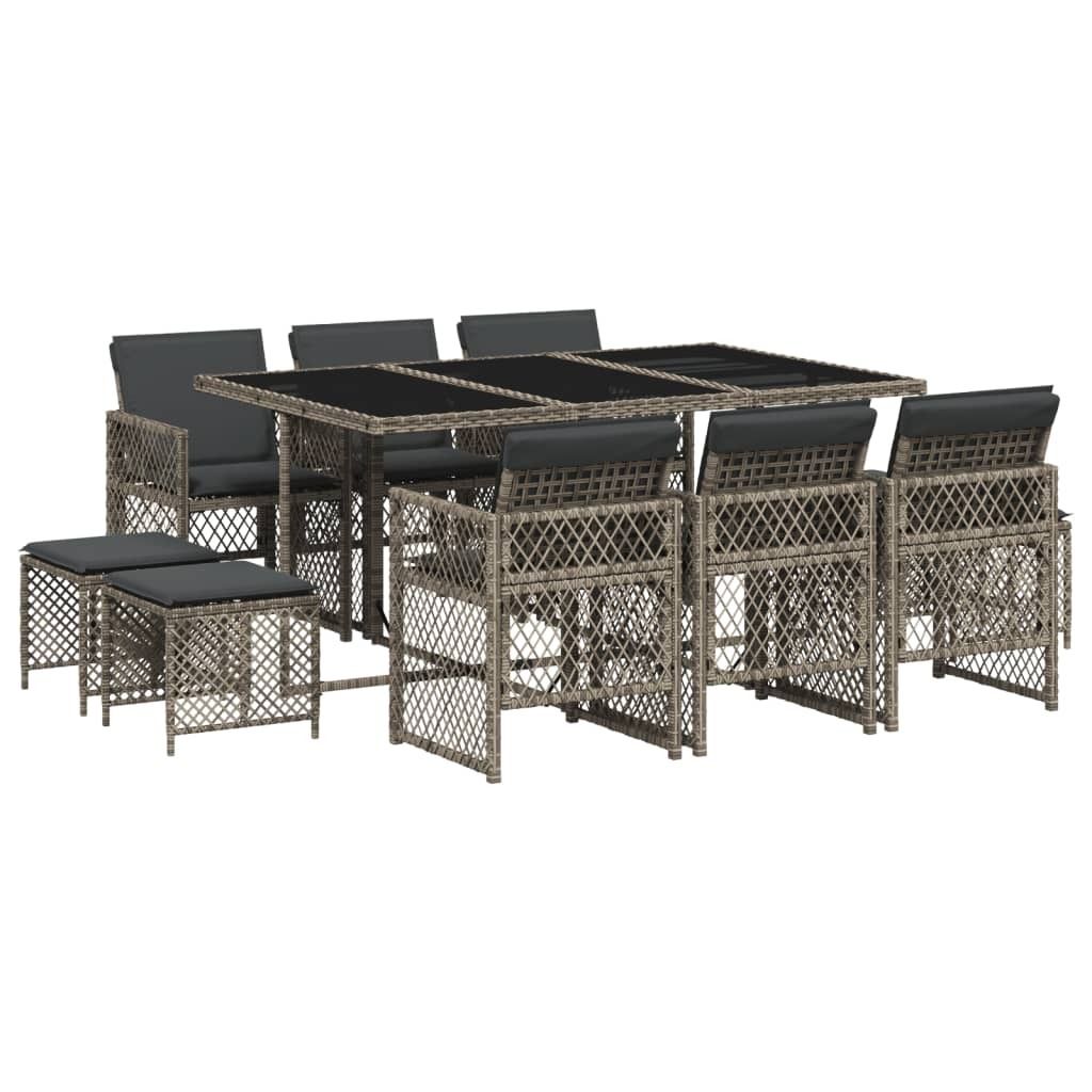 vidaXL 11-tlg. Garten-Essgruppe mit Kissen Grau Poly Rattan