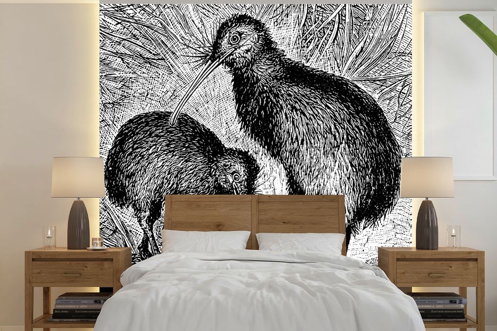 MuchoWow Fototapete für Wohnzimmer oder Schlafzimmer Wandtapete Vinyl Motivtapete Schwarz-Weiß-Illustration von zwei Kiwi-Vögeln - 350x350 cm ...
