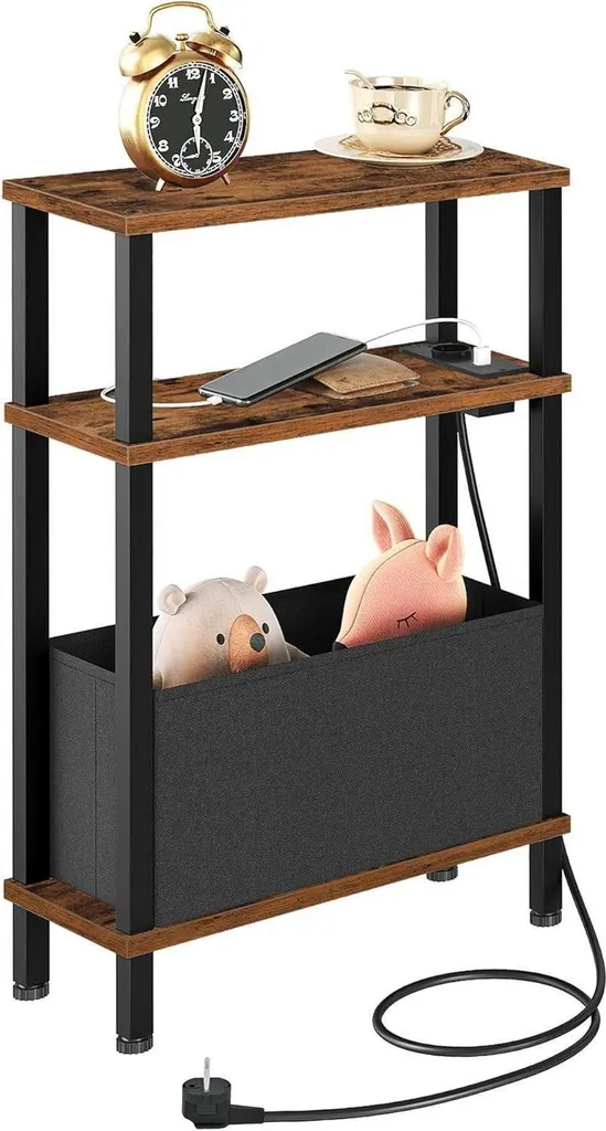 Table d'appoint avec tiroir, chargeur USB et rangements - Noir/Brun