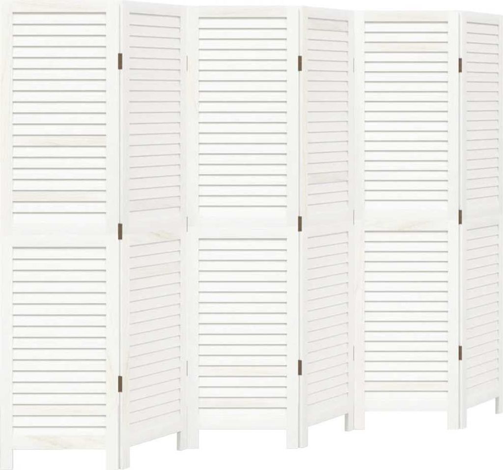 A white, six-panel room divider made of wood with slatted panels.