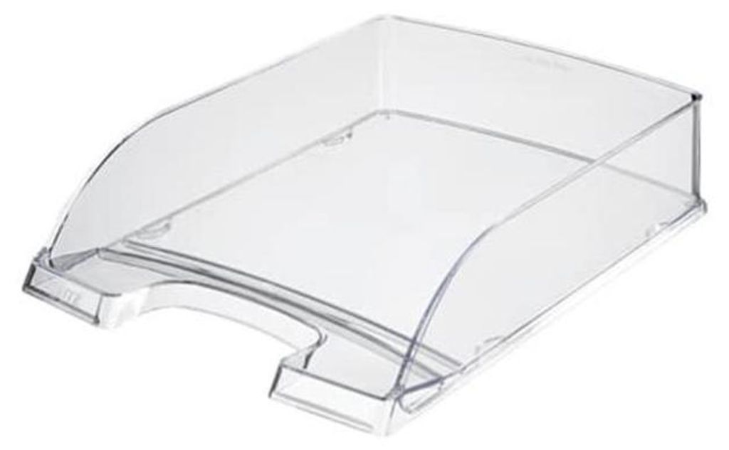 A clear plastic document tray on a white background.