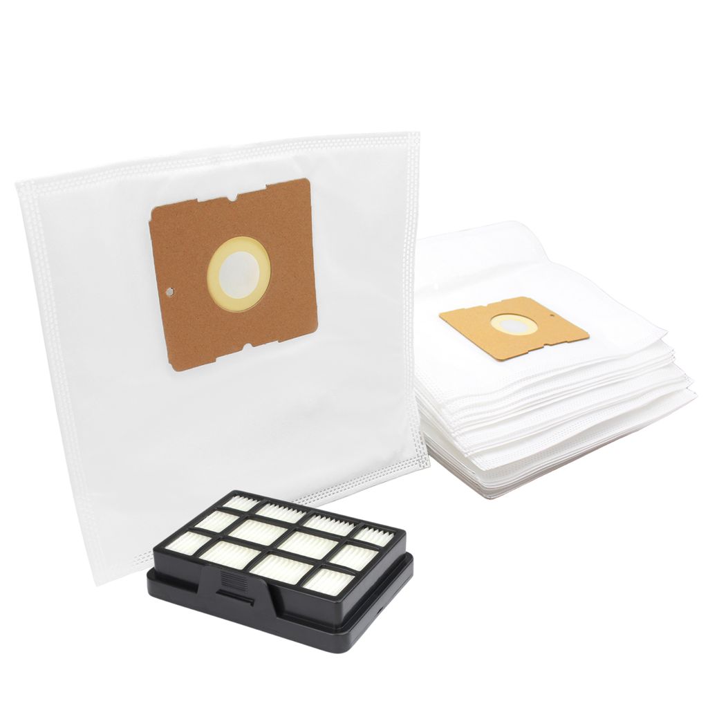 A group of vacuum cleaner bags and a filter are shown against a white background.