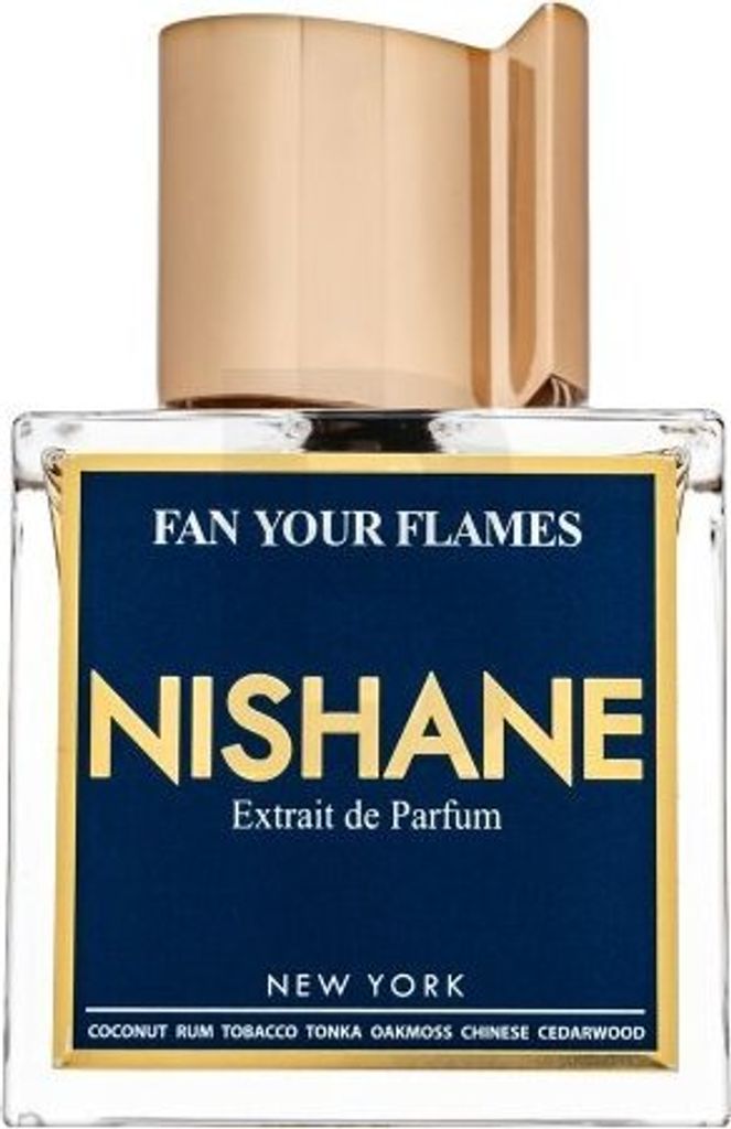 A bottle of Nishane Fan Your Flames perfume is shown against a white background.