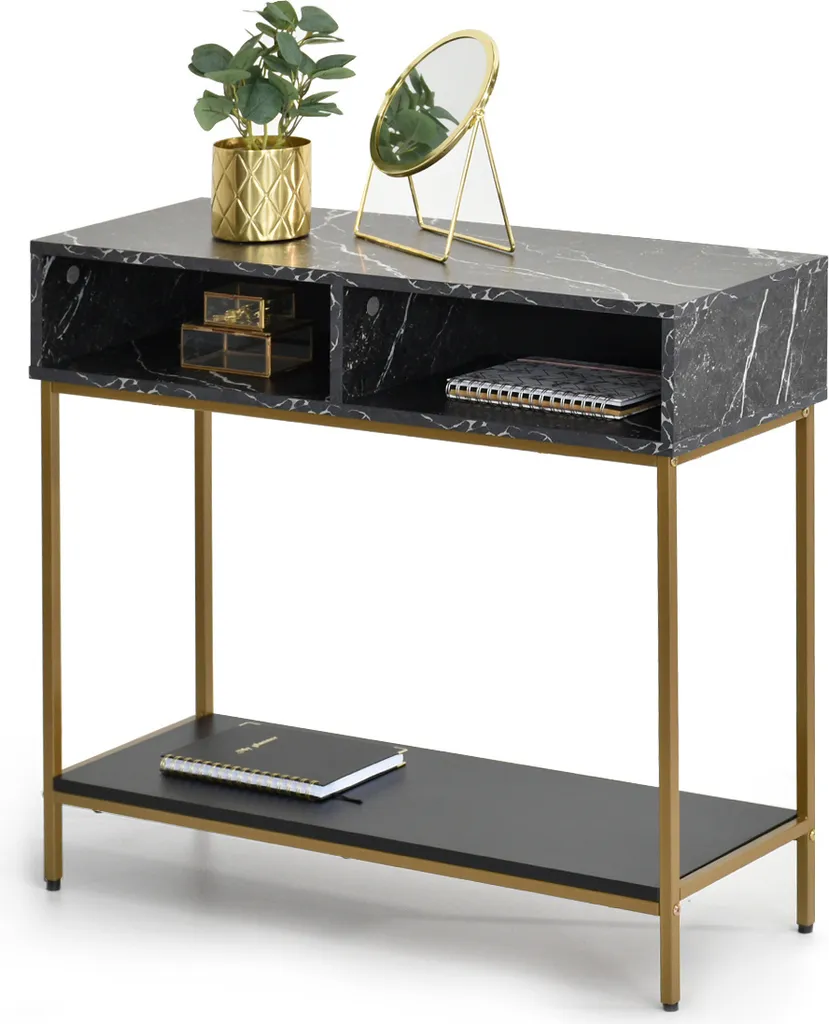 Console de salon JIGME en métal doré et plateau marbre noir chic