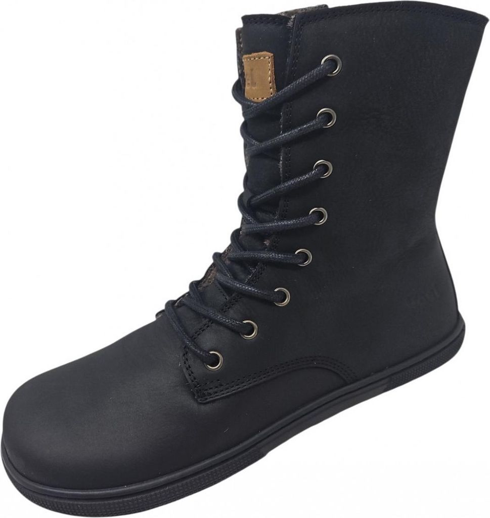 A black lace-up boot is shown against a white background.