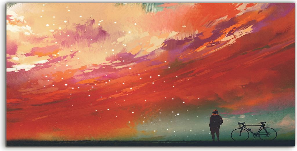 Coloray Canvas 100x50 Wandbild Leinwand Bilder Kunst Mann mit Fahrrad und rote Wolken