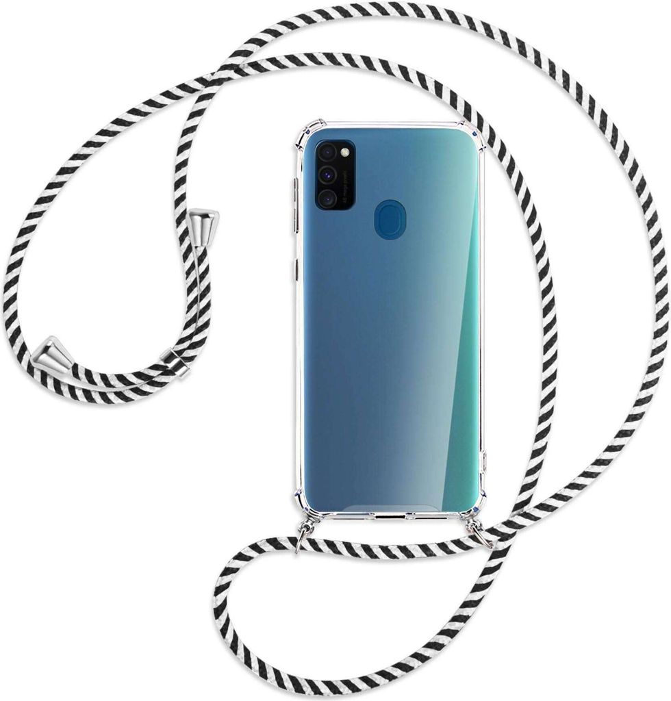 Handykette Backcover-Schutzhülle mit Band (Metall silberfarben) für Samsung Galaxy M30s - schwarz/weiß gestreift