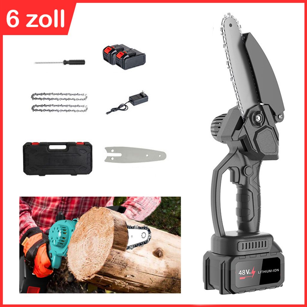 MODFU Kettensäge,6 Zoll 48V Elektro-Kettensäge,Tragbare Handgeführte Akku Kettensäge,2x Batterie 2x Kette 1x Führungsplatte und 1x Ladegerät ...