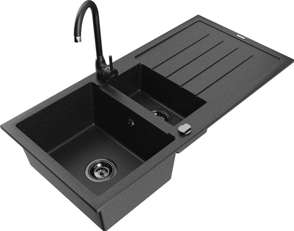 Mexen Andres 1,5-Becken-Granitspüle mit Abtropffläche und Mischbatterie Telma, Schwarz/Silber - 6515-73-670200-70-B