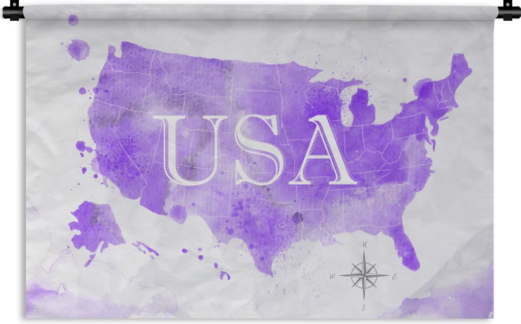 MuchoWow Wandteppich Wandbehang Karte - Amerika - Lila - Aquarell 90x60 cm Tapisserie Dekoration Wandtuch - Wandskulpturen - Bildteppich