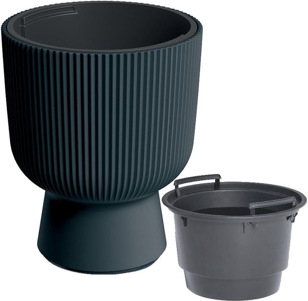 A dark gray planter with a ribbed design and a separate dark gray inner pot are shown against a white background.