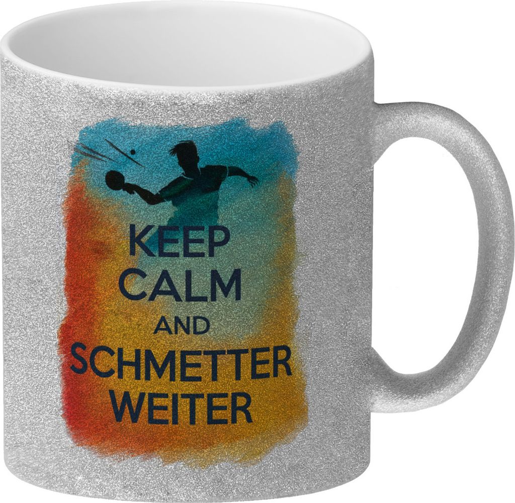 Tischtennisspieler in Aktion Glitzer-Kaffeebecher Keep Calm und Schmetter weiter