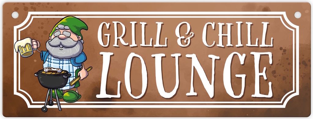 Grill & Chill Lounge Metallschild L in 10,5x28cm mit lustigem Gartenzwerg