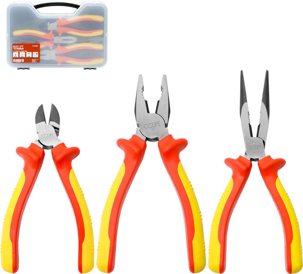 CCLIFE VDE Zangenset 1000V 3-tlg. Universal Kombizange 170mm + Flachrundzange 170mm + Seitenschneider 160mm Zangen Set Elektro für Haushalt, Werks...