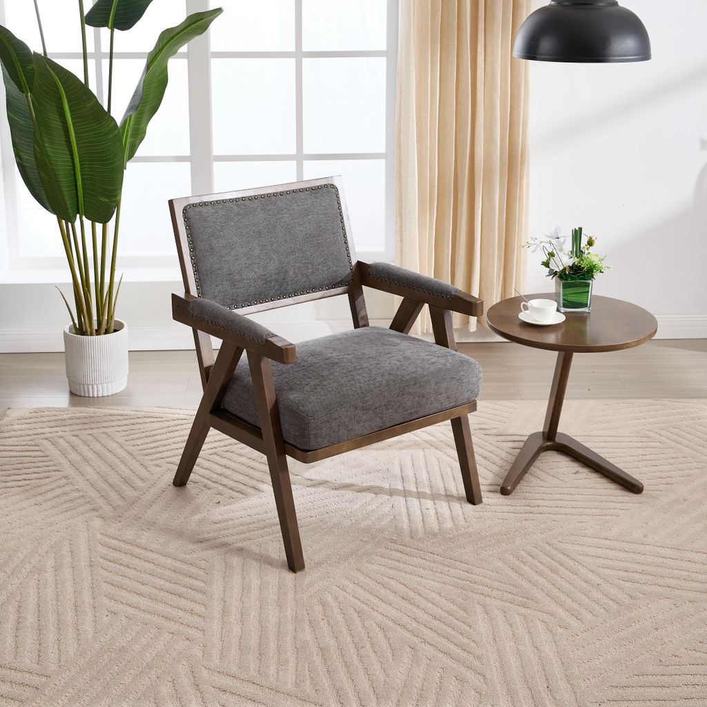 LVHOM Polsterstuhl Vintage mit Leinenbezug und Holzrahmen, Esszimmerstuhl Sessel Armlehnstuhl Mid-Century Stil, 66,5x 88x66cm, Belastbar 250kg, Grau