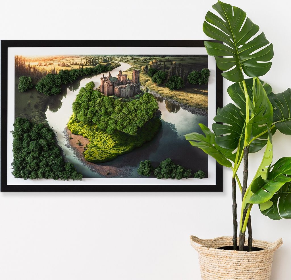 Moosbild mit Echtem Isländisch Moos - 60x40 cm - Schwarzer MDF-Rahmen - Schloss auf einem Hügel