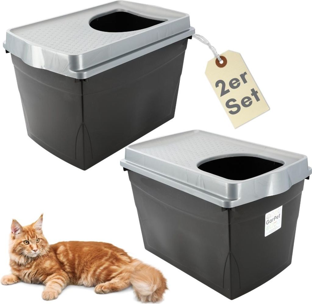 2er Set Hop In Katzenklo oben einstieg Katzentoilette geschlossen Top Entry Jump-In XXL Haubentoilette Groß Katzen Klo schwarz Doppelpack Katzento...