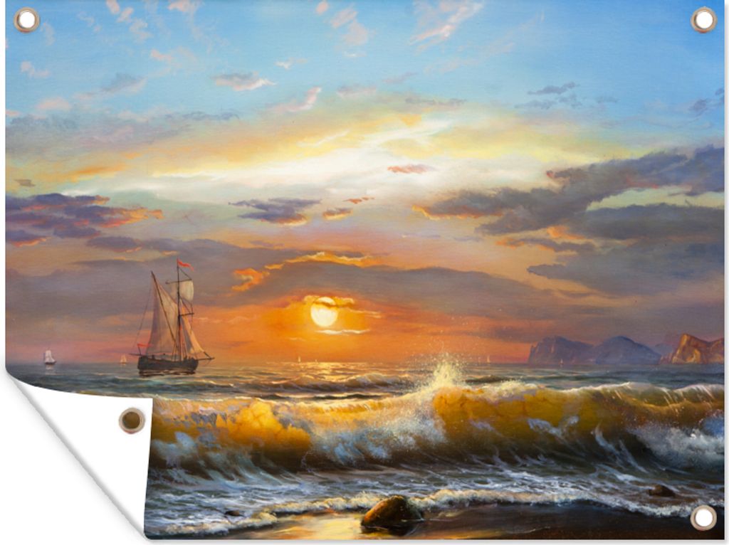 MuchoWow 80x60 cm Outdoor-Poster Gartendeko Sichtschutz Garten Poster für den Garten Malerei - Wasser - Segelboot - Ölfarbe