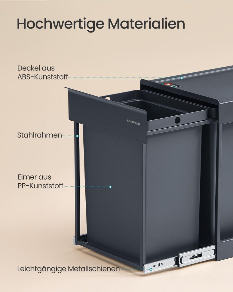 SONGMICS Mülleimer küche, Mülltrennsystem für Unterschrank