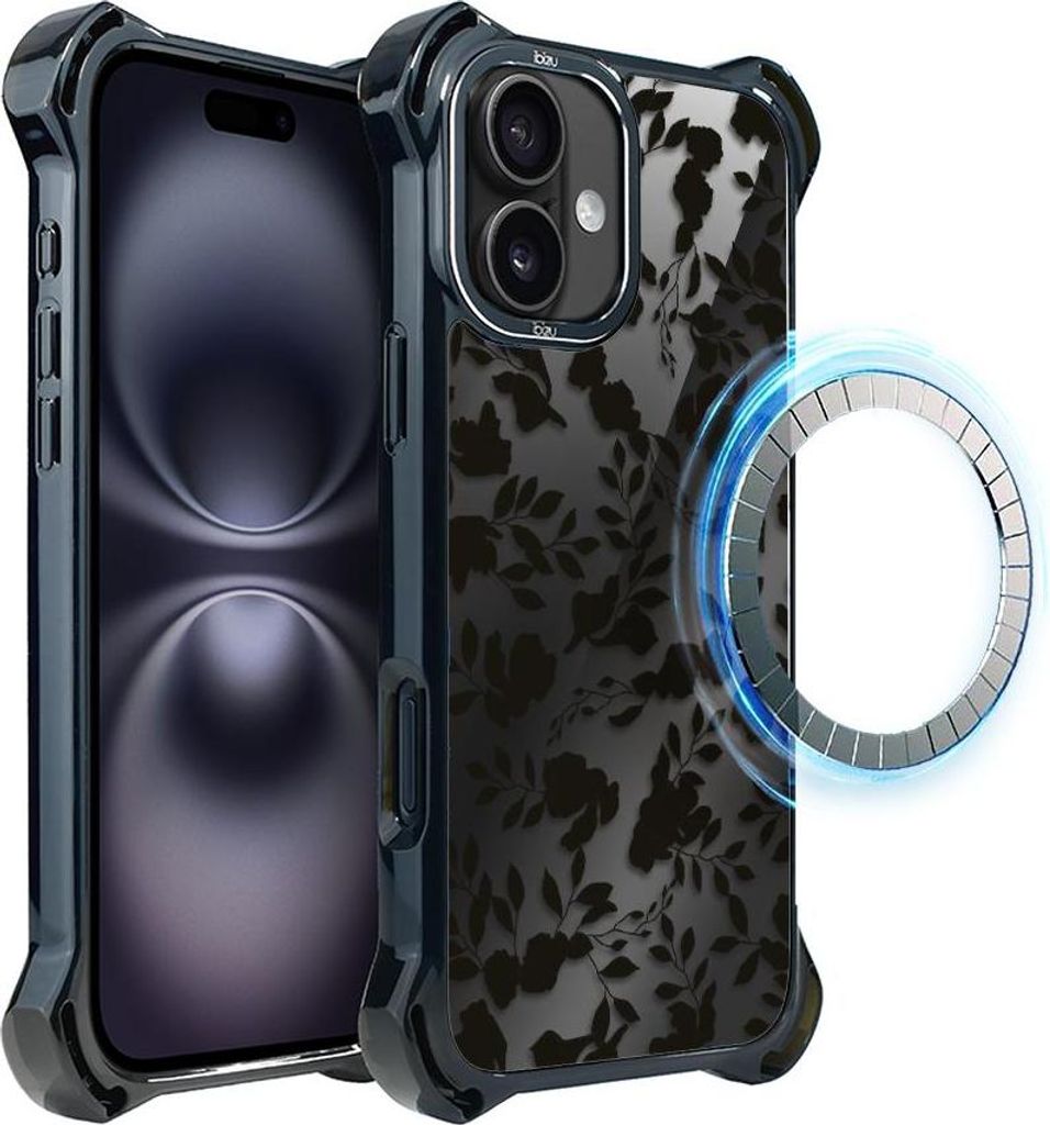 Schutzhülle für das iPhone 16 Plus, MagSafe-kompatibel, verstärkte Ecken, schwarz, kleine Blätter, Spitzenmuster