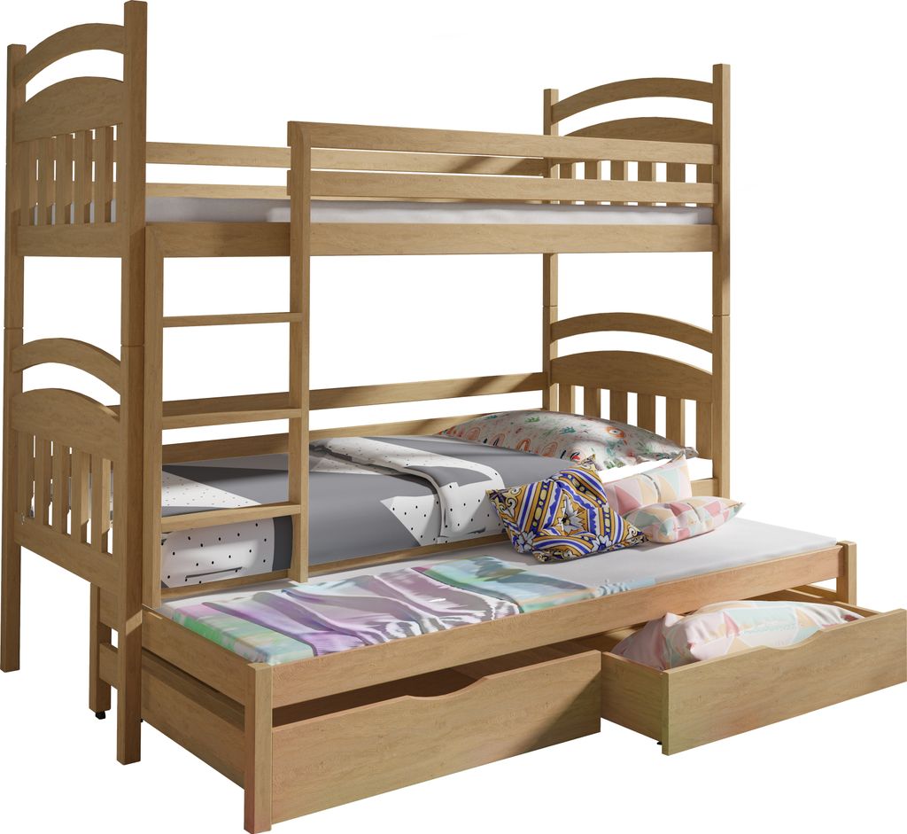 KEF ANTON Etagenbett Kinder Holz Kinderbett für Drei Kinder Leiter Universal mit Matratze 80x190 cm Eiche