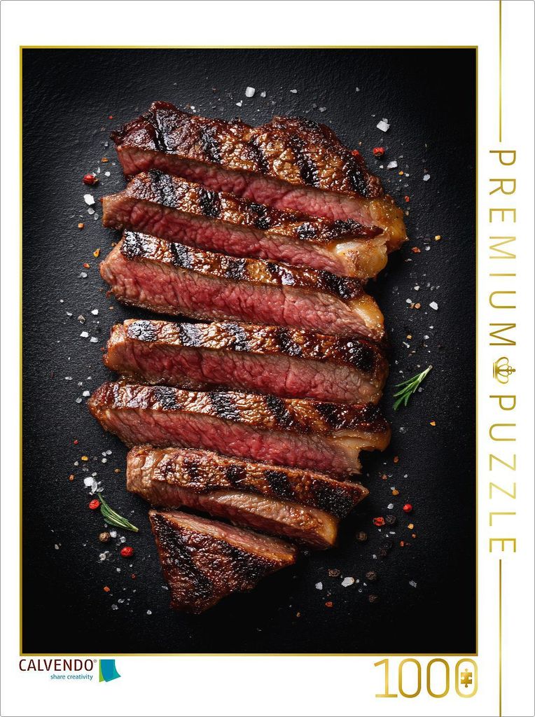 CALVENDO Puzzle Saftiges Steak in Scheiben mit Grillstreifen und Gewürzen | 1000 Teile Lege-Größe 64x48cm Foto-Puzzle für glückliche Stunden