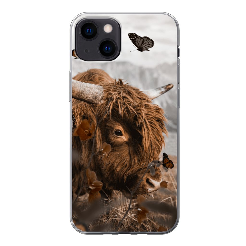 MuchoWow Handyhülle Schutzhülle Hülle für iPhone 13 Scottish Highlander - Schmetterlinge - Pflanzen Silikon Softcase Handy Hülle - Karteninh...