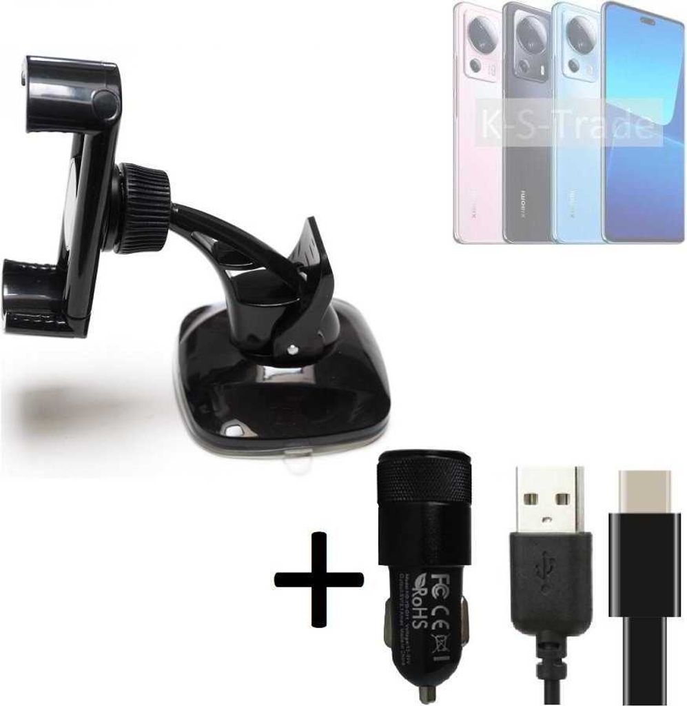 K-S-Trade Handy-Halterung kompatibel mit Xiaomi 13 Lite Windschutzscheibe / Armaturenbrett + LADEGERÄT mit Mico USB Kabel Autohalterung