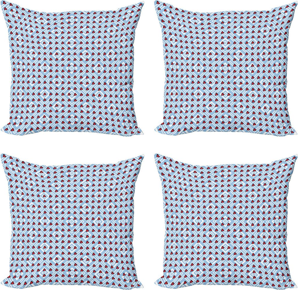 ABAKUHAUS Romantisch Kissenbezug Set (4 Stück), Bohemian Herz Shapes, Moderner Doppelseitiger Digitaldruck, 45 cm x 45 cm, Blassblau Ruby-Weiß